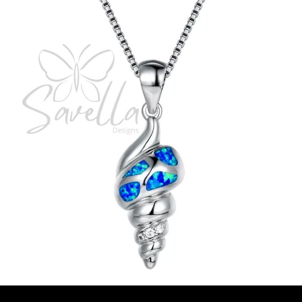 Solid Sterling Silver Blue Fire Opal Conch Shell Pendant Accent Diamonds
